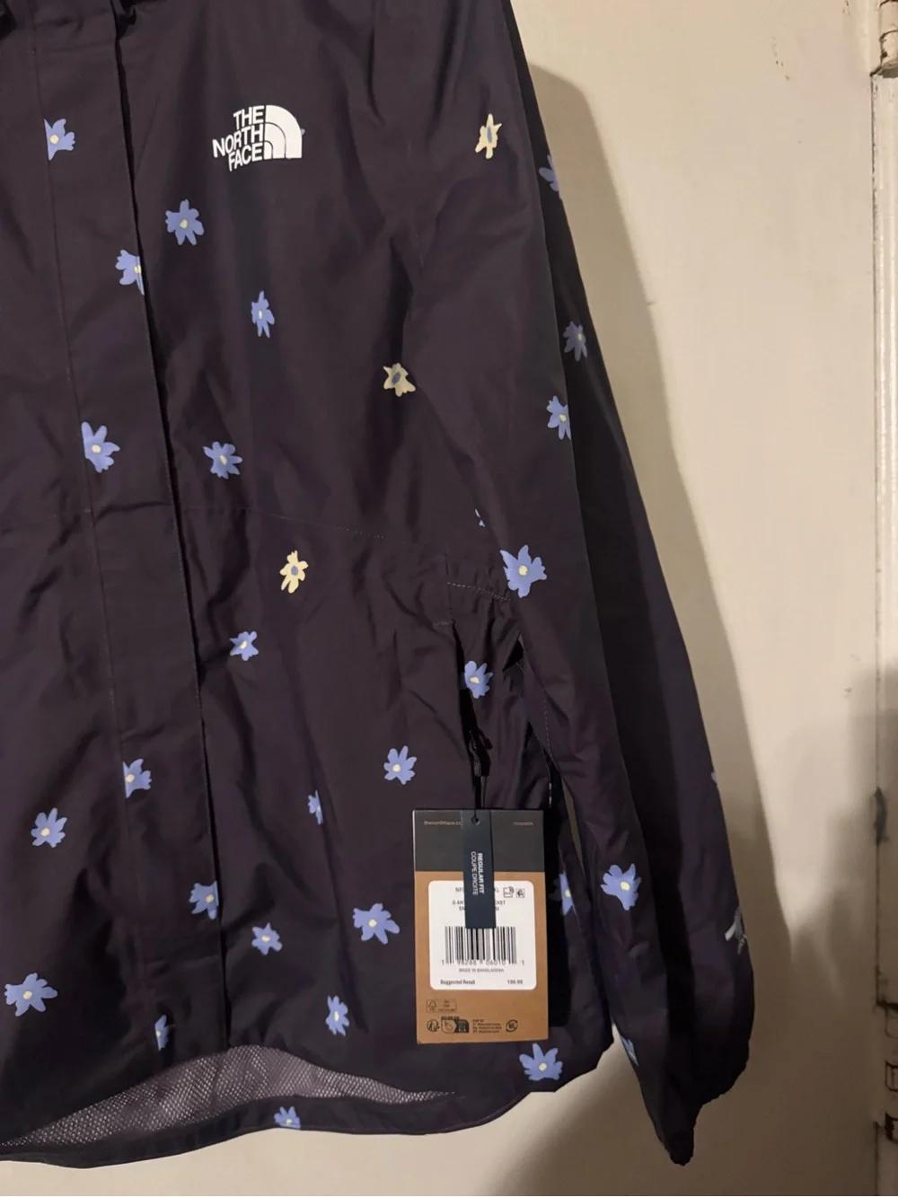 The North Face Navy Floral Hooded Raincoat with Blue & Cream Accents